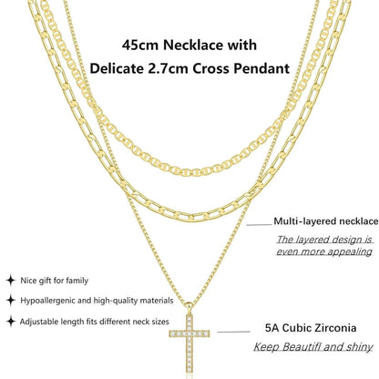 Stackable Gold & Silver Cross Pendant Chokers, Trendy 3-Layer Gift