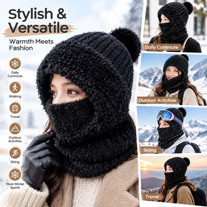 Womens Knit Beanie Hat Fleece Lined Winter Scarf Mask Set Snow Caps Plush Earmuff Skull Hats with Pompom