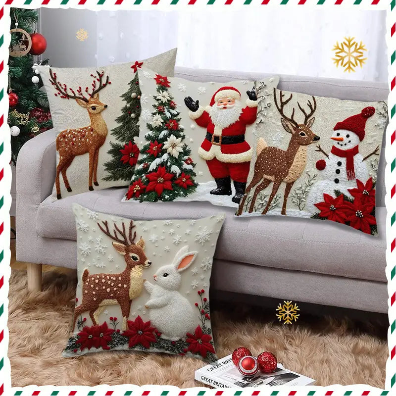 4PCS Unisex Super Soft Square Short Plush Christmas Throw Pillow Set