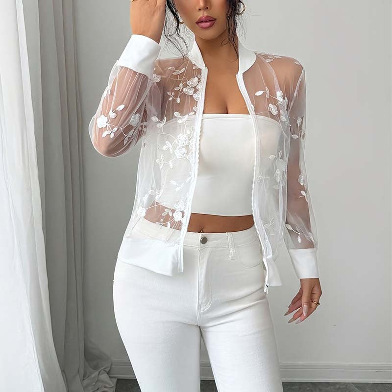 Women's Floral Lace Lightweight Jacket Sheer Mesh Long Sleeve Office Jackets