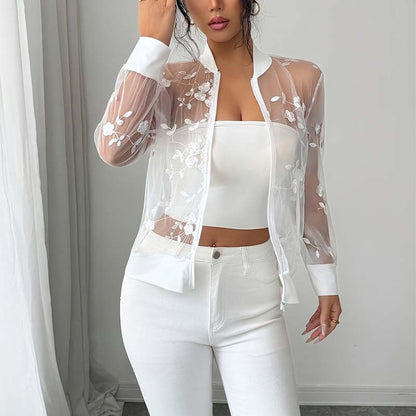 Women's Floral Lace Lightweight Jacket Sheer Mesh Long Sleeve Office Jackets