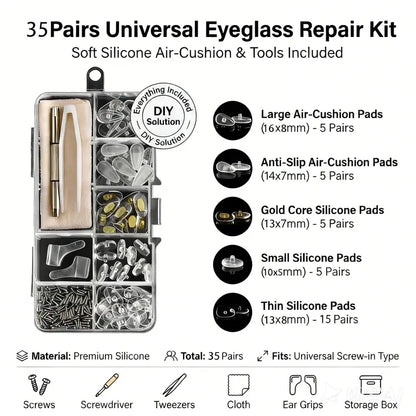 Eyeglass Nose Pad Kit · Upgraded Ultra-Soft Silicone Air-Cushion · Non-Slip Screw-In Repair Kit with Included Tools and Accessories