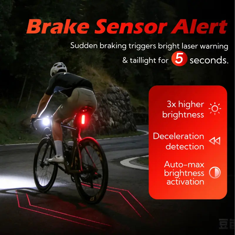 Unisex Smart Bike Tail Light - 3.15in, 5 LED, Laser Indicator, USB-Rechargeable