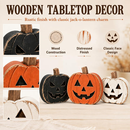 3PCS Rustic-style wooden ghost and pumpkin ornament