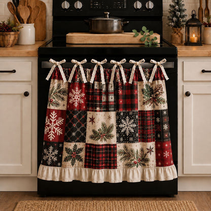 Christmas Stove Skirt, Patchwork Oven Curtain with Ruffled Trim and Bow Tie Accents