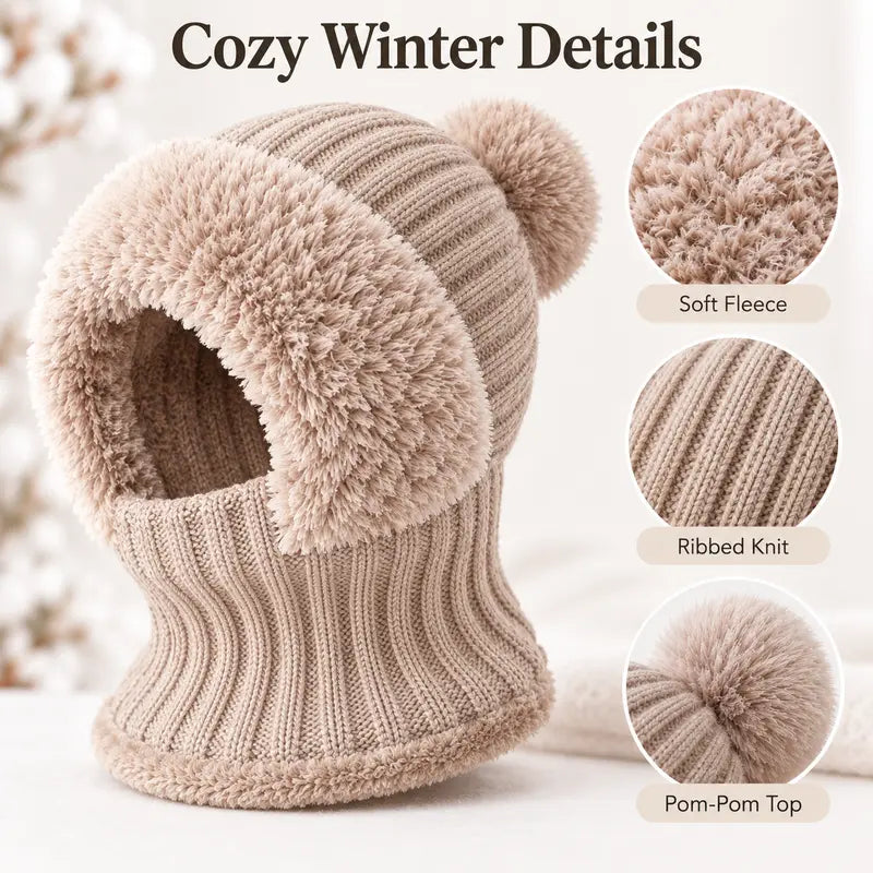 Womens Knit Beanie Hat Fleece Lined Winter Scarf Mask Set Snow Caps Plush Earmuff Skull Hats with Pompom