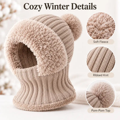 Womens Knit Beanie Hat Fleece Lined Winter Scarf Mask Set Snow Caps Plush Earmuff Skull Hats with Pompom