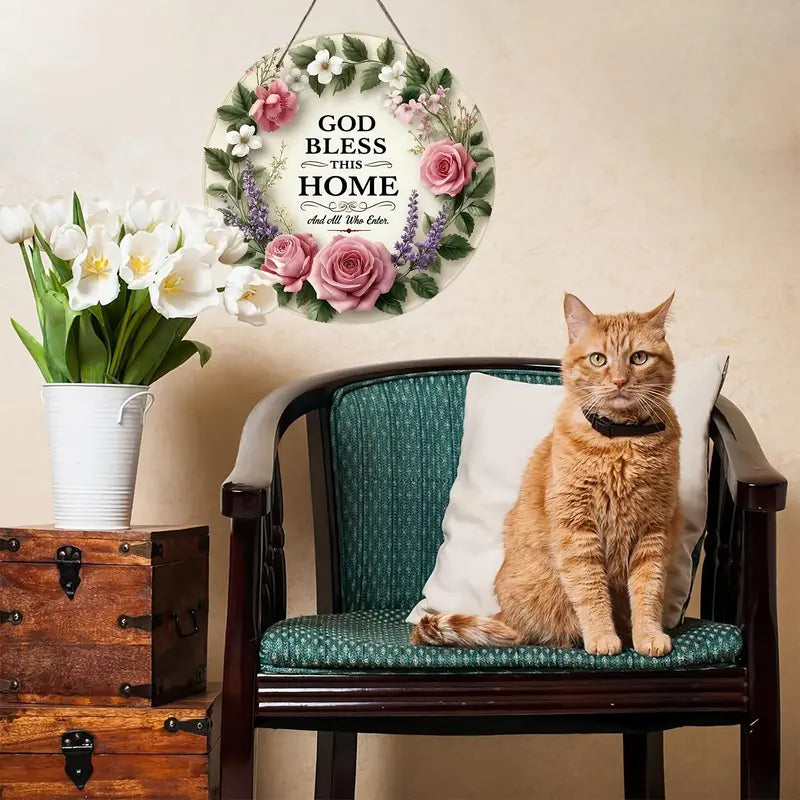 God Bless This Home Floral Round Door Sign