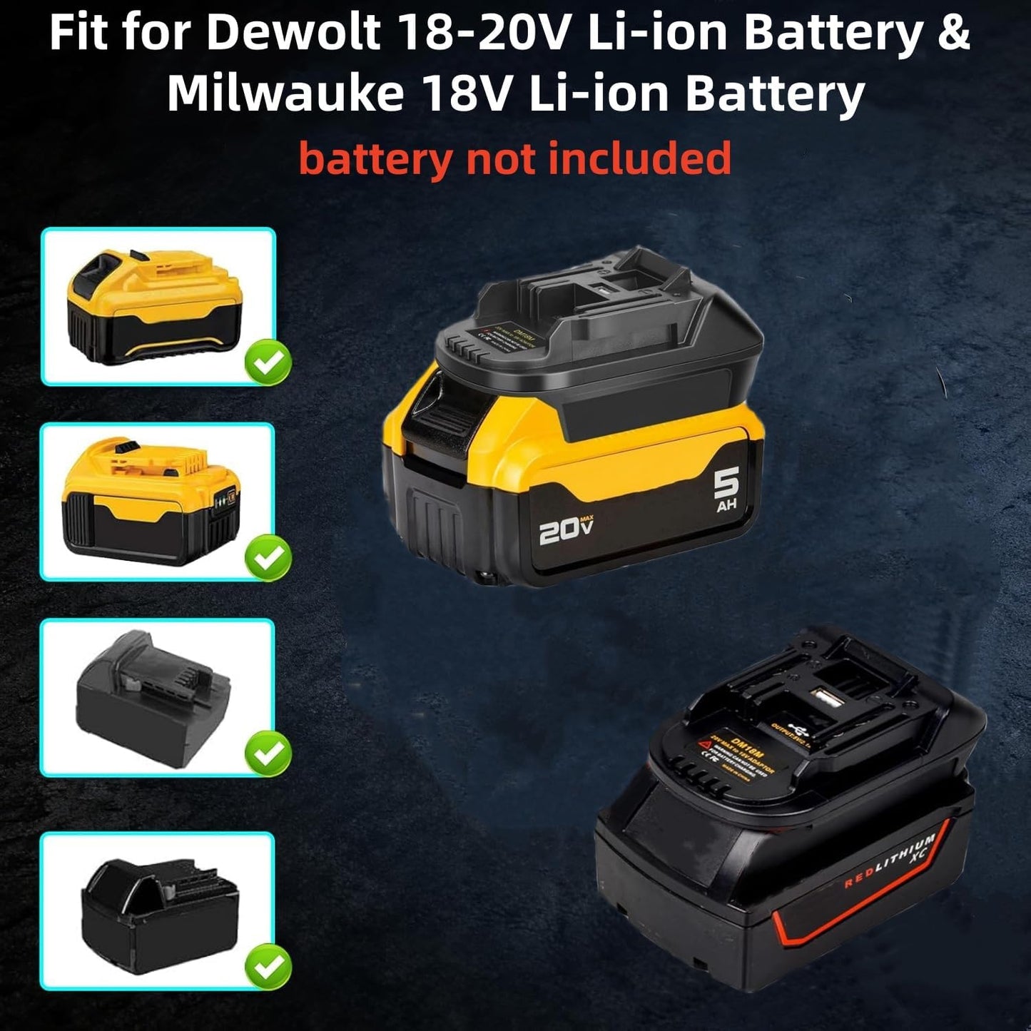 DM18M Adapter for Dewalt & Milwaukee to for Makita w/USB Port