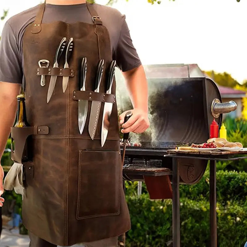 PU Leather Apron for Picnic BBQ, Oil-Resistant Wine Bottle Holder