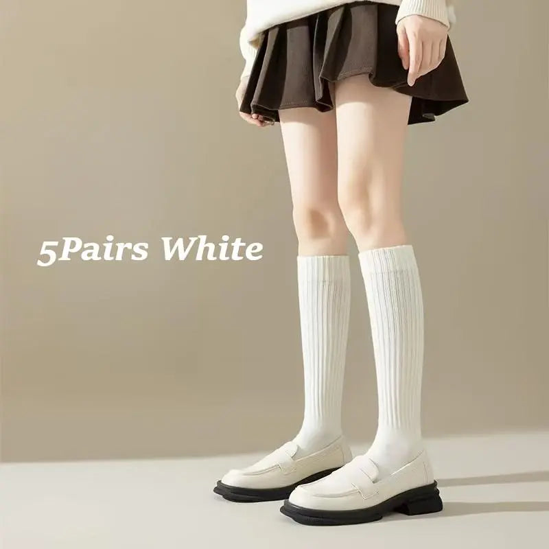 Women's 5-Pair Pack Thermal Thickened Mid-Calf Socks – Slim-Fit Solid Color with Side Stripe