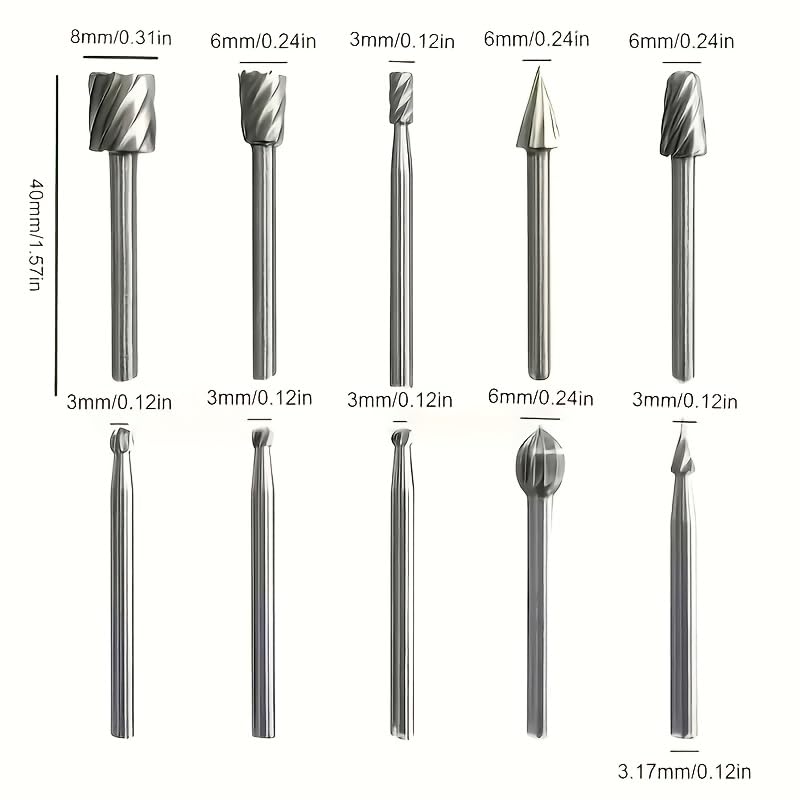 20pcs High-Speed Steel Rotating Burrs  Set | 10 Kinds of Cutter Head Shape Carving Grinding Head 1/8 "Shank