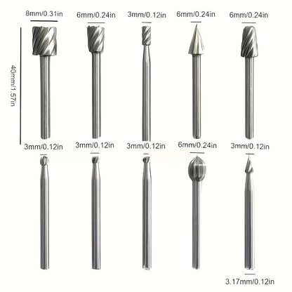 20pcs High-Speed Steel Rotating Burrs  Set | 10 Kinds of Cutter Head Shape Carving Grinding Head 1/8 "Shank