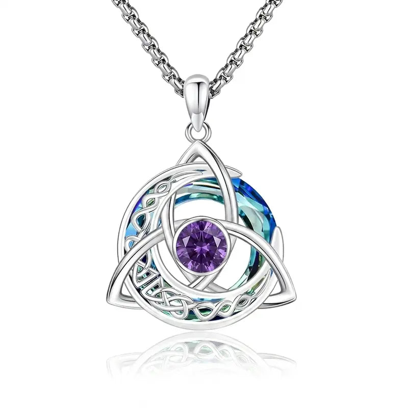 Women's Celtic Birthstone Necklace - Trinity Knot-Triquetra Crescent Moon Pendant