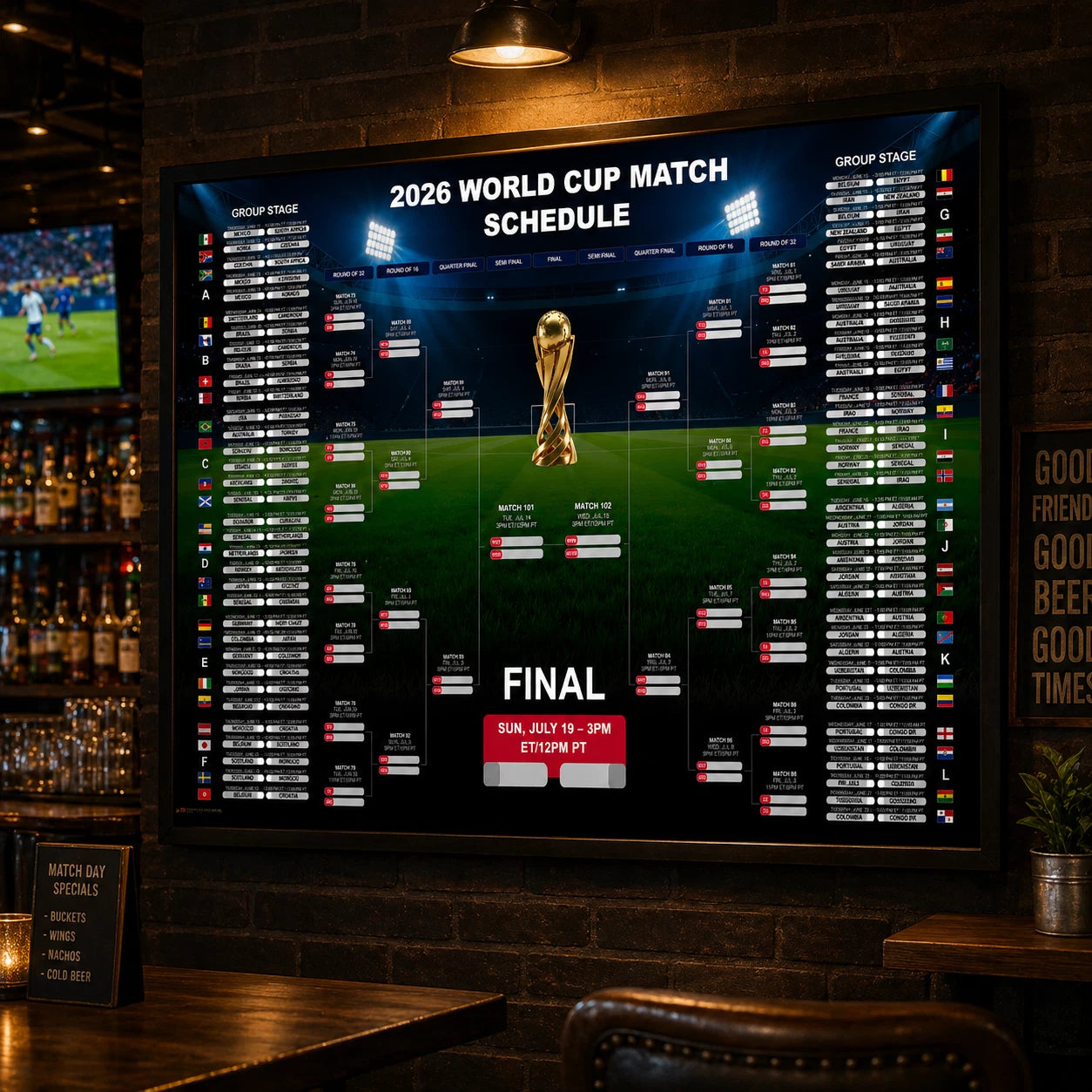 2PCS Football World Cup 2026 Poster Schedule Wall Chart