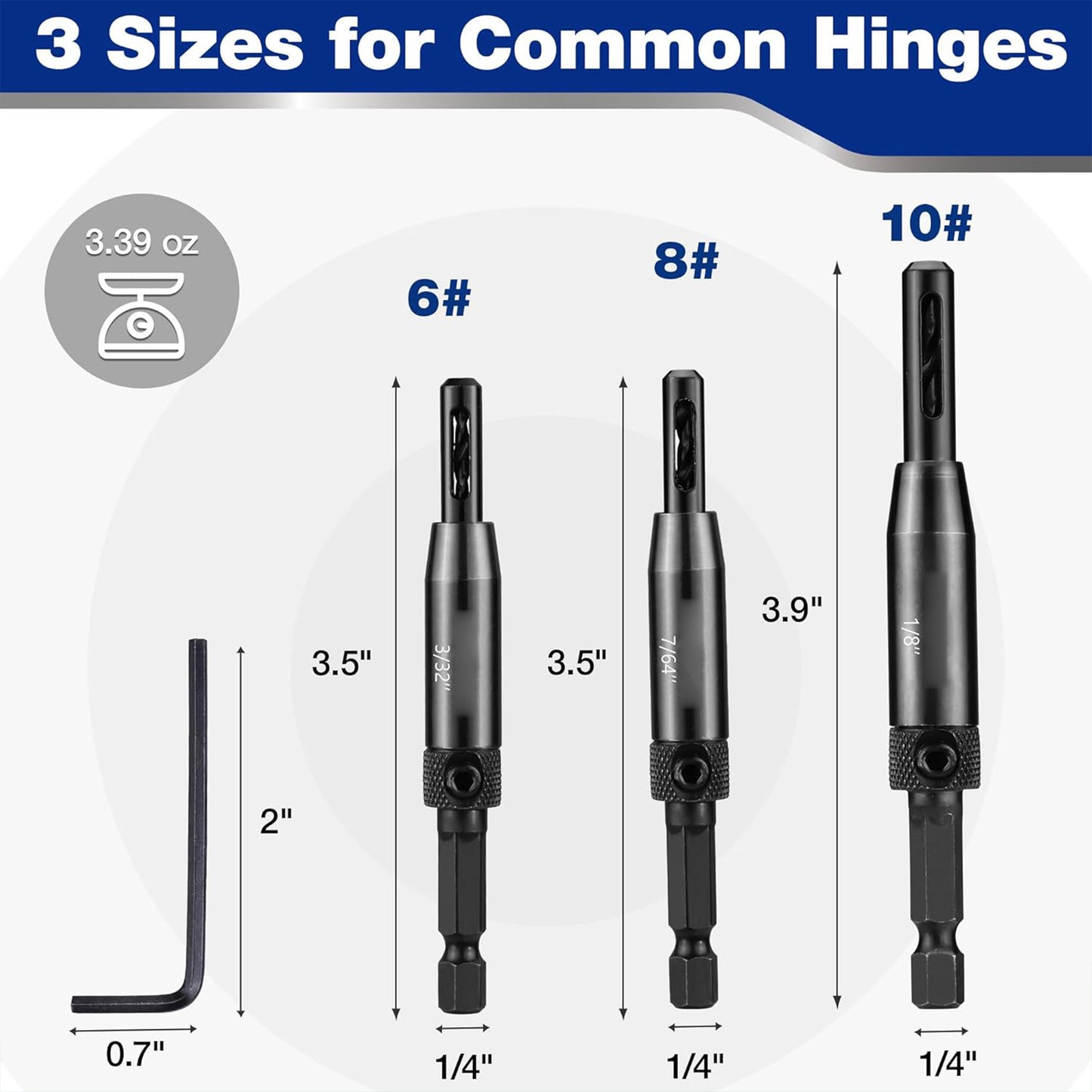 3pcs Upgraded Self-Centering Hinge Drill Bit Set with Hex Key