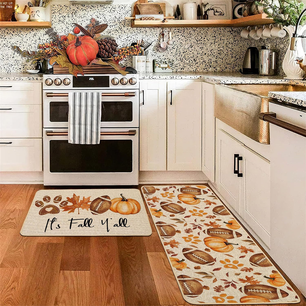 2 Pcs Autumn Pumpkin Football Maple Leaf Floor Mat Set