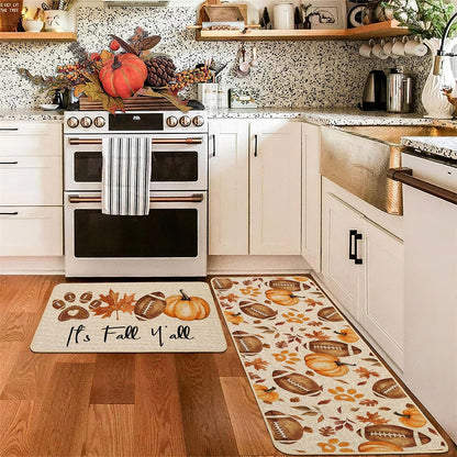 2 Pcs Autumn Pumpkin Football Maple Leaf Floor Mat Set