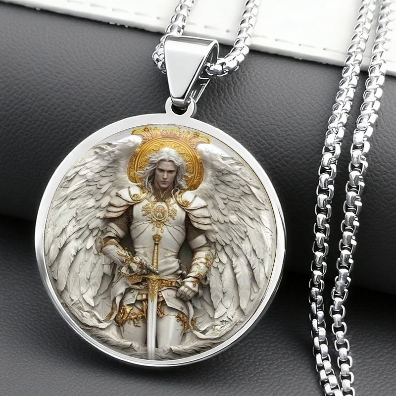 Men’s Stainless‑Steel Circle Angel Warrior Pendant Necklace