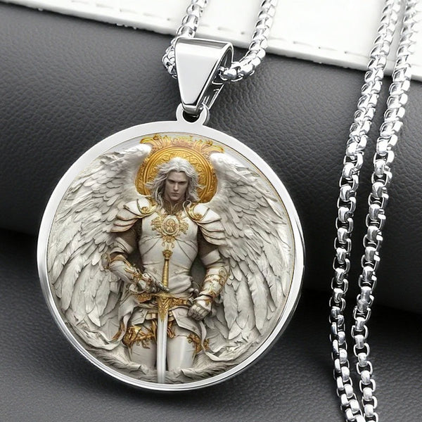 Men’s Stainless‑Steel Circle Angel Warrior Pendant Necklace