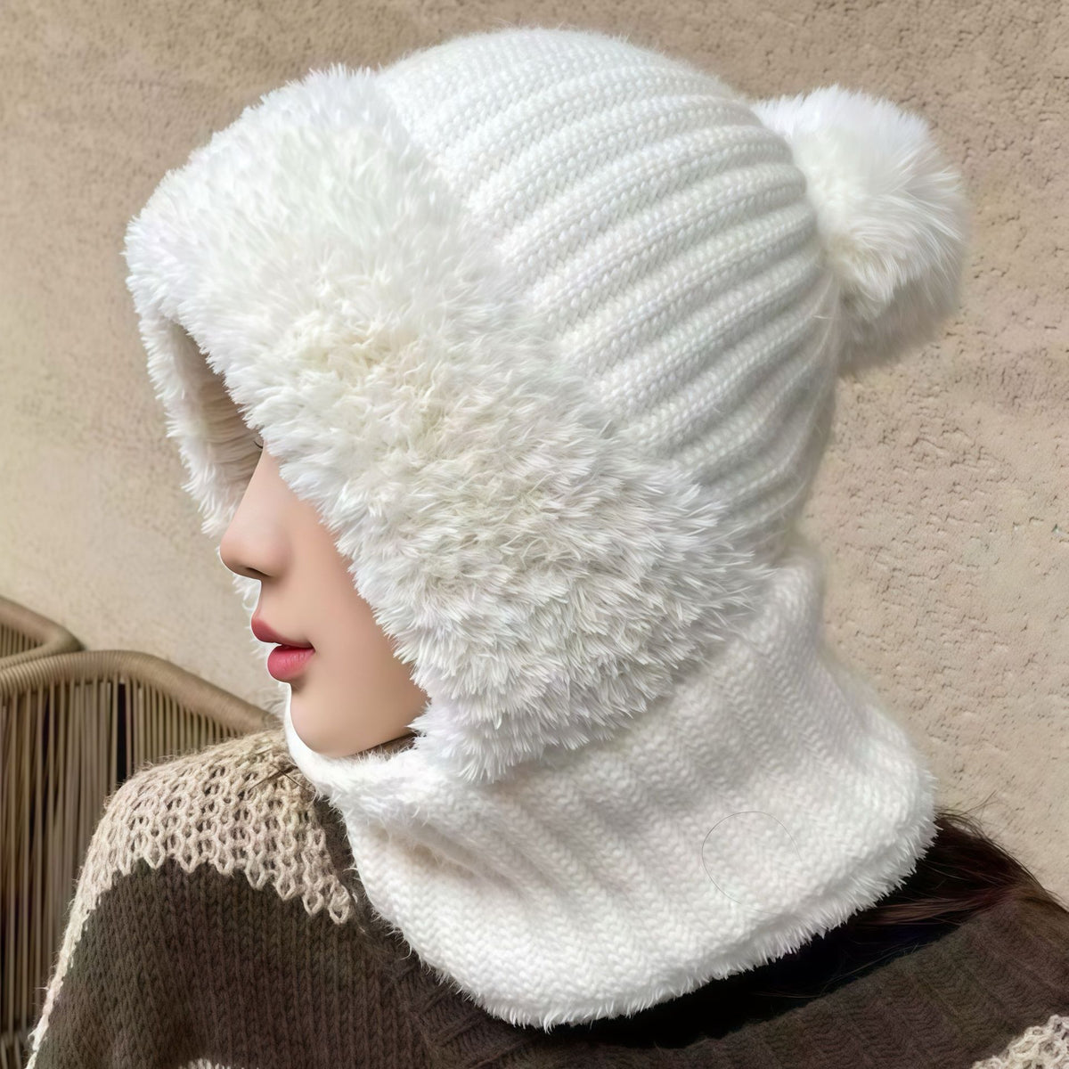 Womens Knit Beanie Hat Fleece Lined Winter Scarf Mask Set Snow Caps Plush Earmuff Skull Hats with Pompom