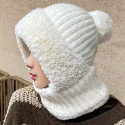 Womens Knit Beanie Hat Fleece Lined Winter Scarf Mask Set Snow Caps Plush Earmuff Skull Hats with Pompom