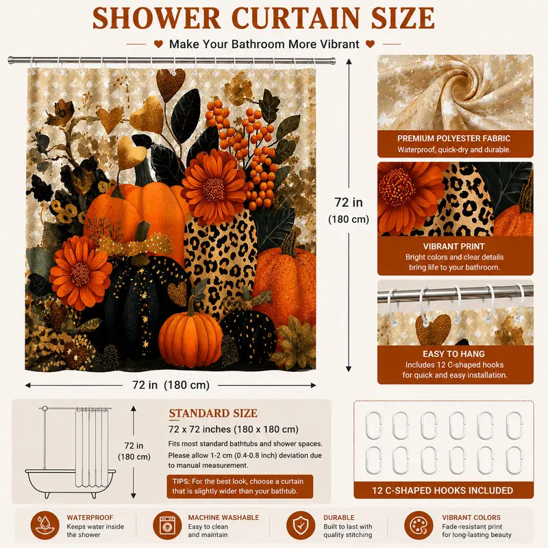 Autumn Harvest Themed Shower Curtain with Pumpkin Leaf, Berry, and Star Print