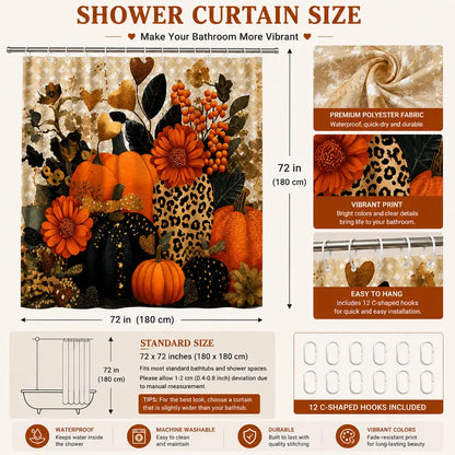 Autumn Harvest Themed Shower Curtain with Pumpkin Leaf, Berry, and Star Print