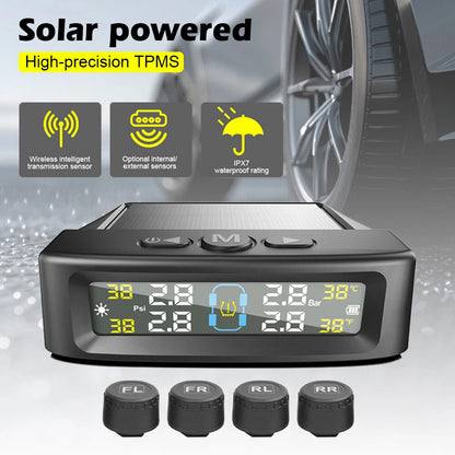 Tire Pressure Monitoring System with 4 Sensors Solar and USB Charging LCD Display