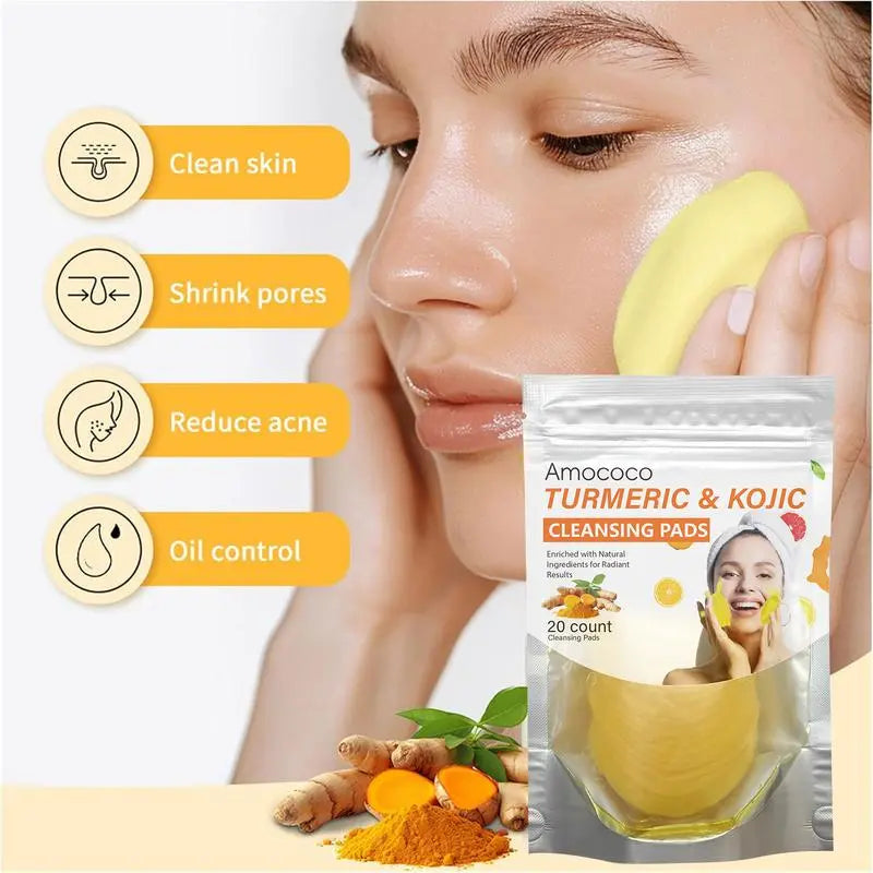Turmeric & Kojic Acid Cleansing Pads - 20pcs Normal Skin Gentle Facial Cleanser Pads