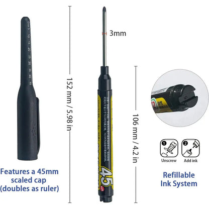 Refillable Water-Resistant Construction Marker, Heavy-Duty Carpenter Pen for Woodworking & Plumbing