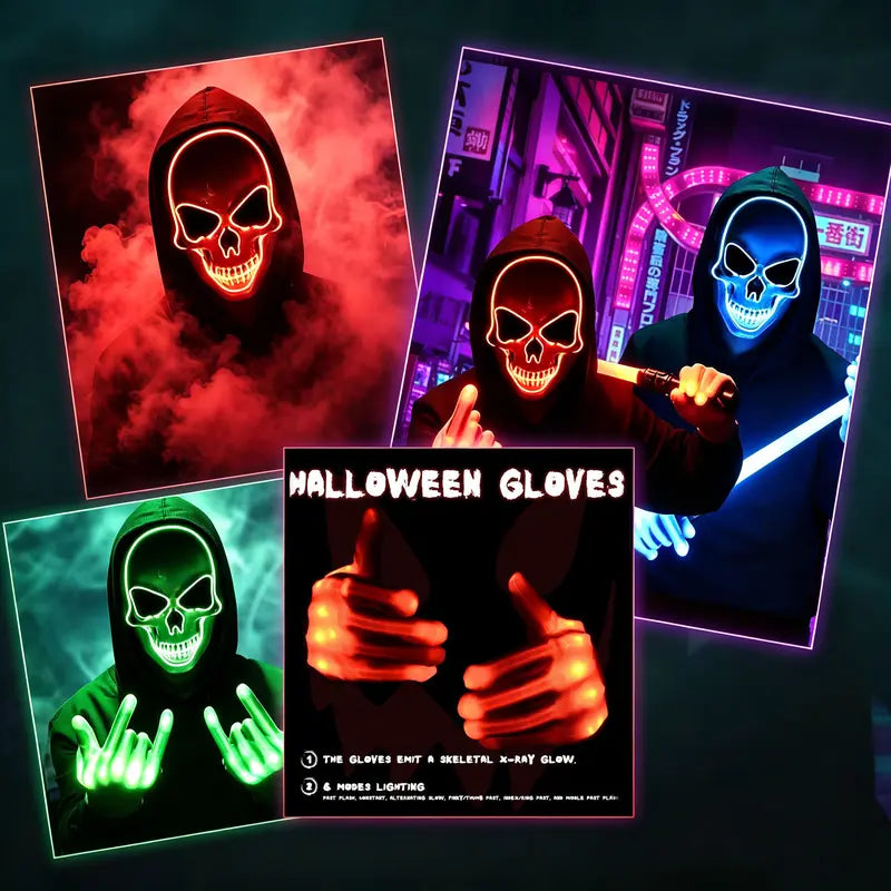 Halloween LED Spooky Skeleton Hacker Mask Set