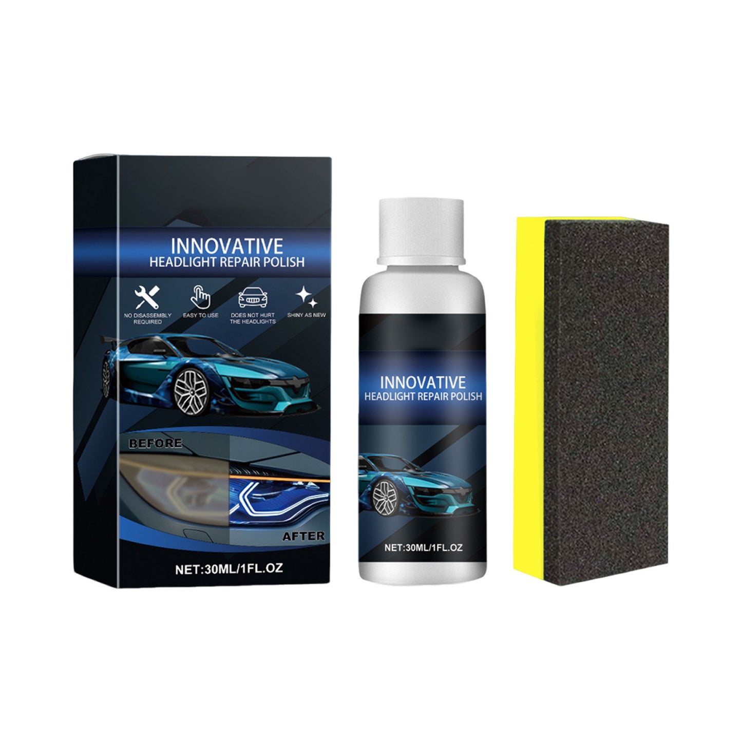 Car Headlight Restoration Kit – 4-in-1 Headlight Repair Fluid & Polish with Restowipes