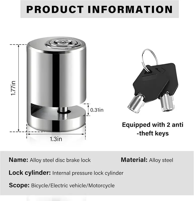 Motorcycle disc brake lock, anti-theft motorcycle safety brake disc lock
