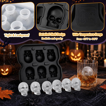 Skull Ice Cube Mold, 6-Cavity Silicone Ice Tray for Whiskey, Cocktails