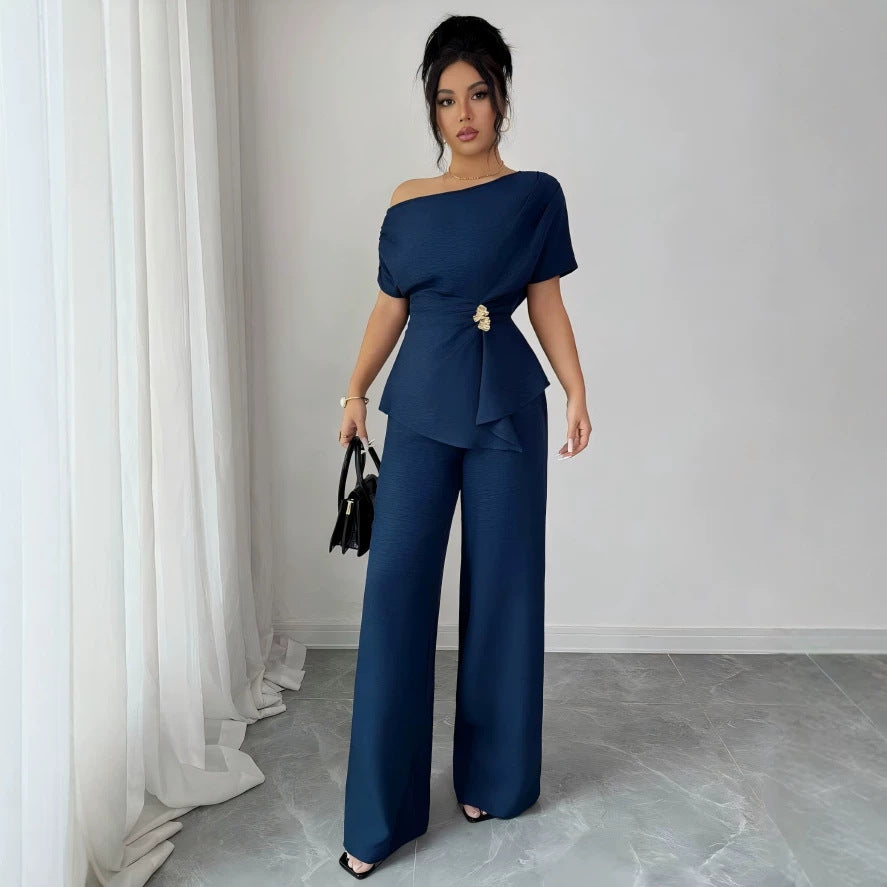 Women's Stylish and Elegant Solid-Color One-Shoulder Set with Metal Accents