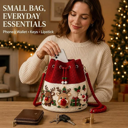 Christmas Crochet Bucket Crossbody Bag with Drawstring