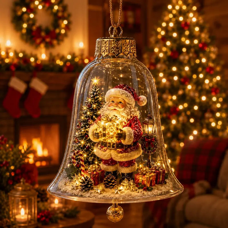 Miniature festive scene Christmas tree with glowing bell decoration