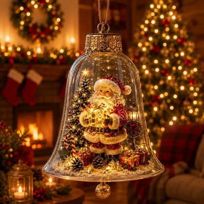 Miniature festive scene Christmas tree with glowing bell decoration
