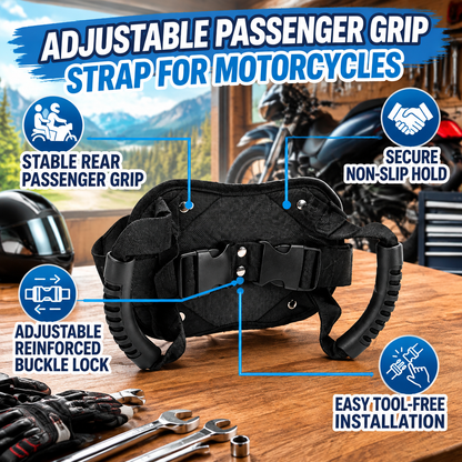 Adjustable motorcycle passenger grab strap