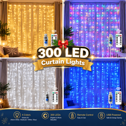 300LED USB-Powered Curtain Fairy Lights with Remote Control