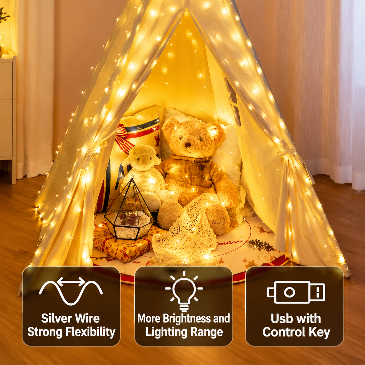 300LED USB-Powered Curtain Fairy Lights with Remote Control