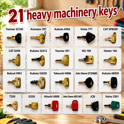 21-Piece Solid Carbon Steel & Brass Heavy Equipment Key Set
