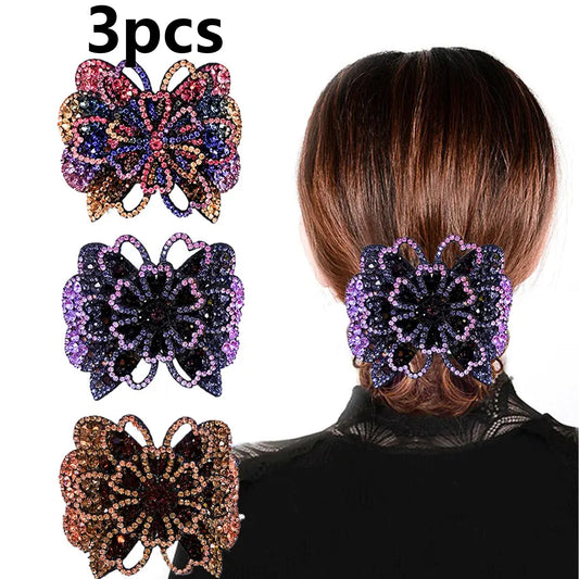 3 Pcs Vintage Crystal Rhinestone Flower Butterfly Hair Clip – Elegant Barrette for Women