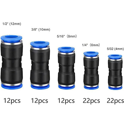 80Pcs Quick Connect Air Hose Fittings 5/32" 1/4" 5/16" 3/8" 1/2" inch Straight Push to Connect Fittings Kit