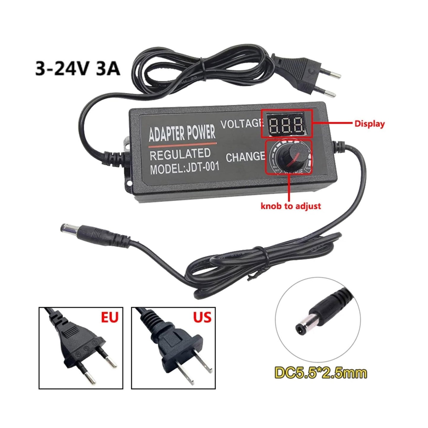 3-24V 3A Adjustable AC/DC Power Adapter for Household Electronics and LED Strip, 5.5 x 2.5mm US Plug
