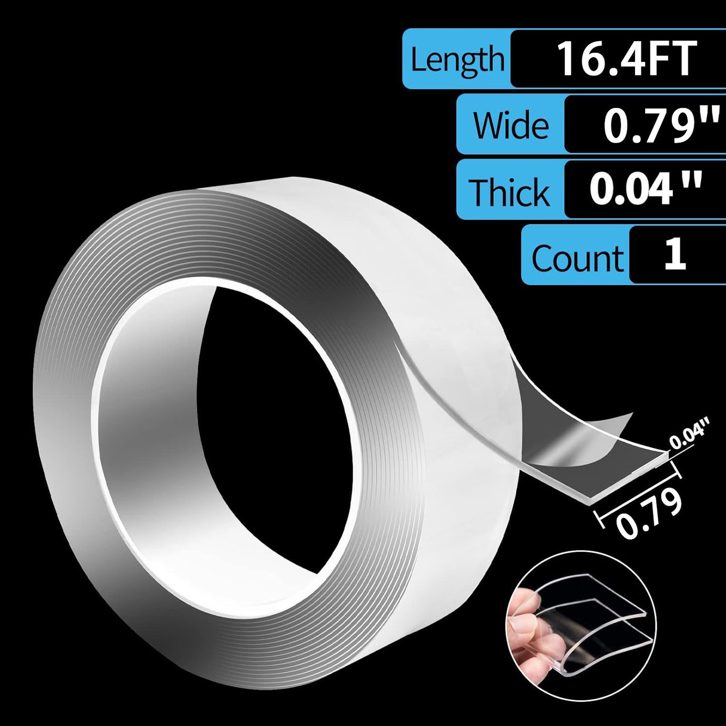 Double Sided Mounting Tape - 0.79" × 16.4' Transparent Roll, Heavy Duty Wall Stickers for Home Office Indoor Use, No Residue