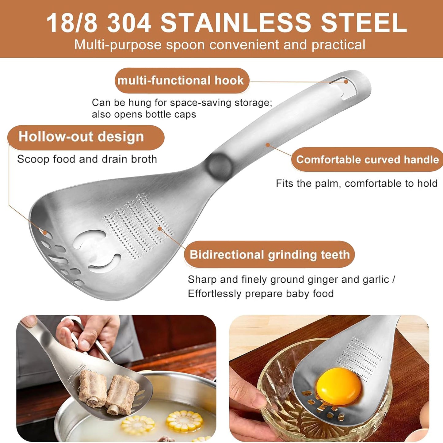 2pcs 5-in-1 Multifunctional Cooking Spoons with Potato Masher, Egg Yolk Separator, Grater Plate, Bottle Opener & Slotted Spoon