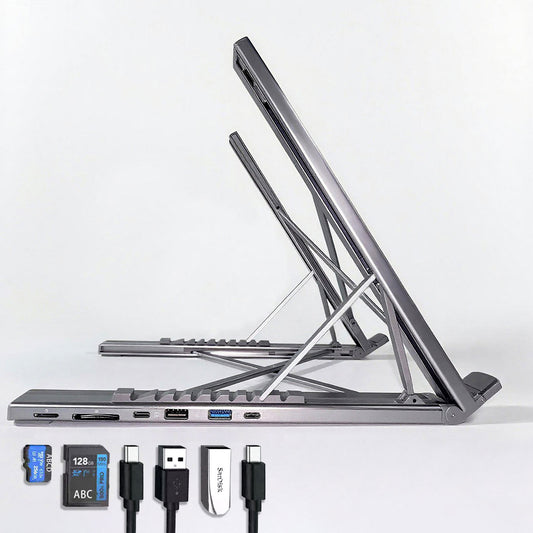6-in-1 Adjustable Aluminum Laptop Stand with Docking Station, 4K HDMI Output, 6 Height Levels, Super-Speed Data Transfer
