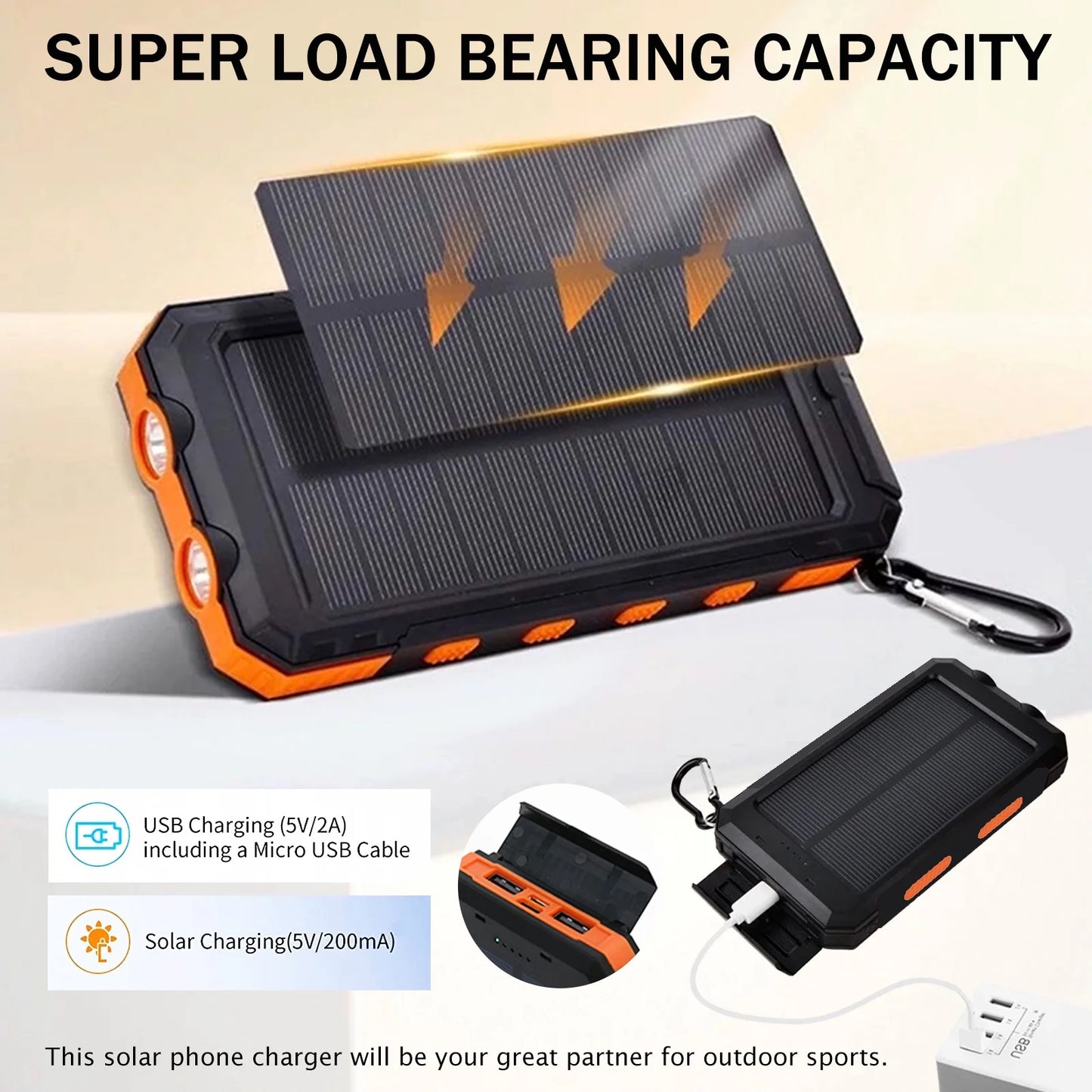 20000mAh Solar Power Bank Compatitble with Dual 5V USB Ports 2 Flashlight Compass Battery Pack